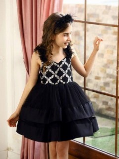 Evening Dress - Girl's Black Evening Dress with Pulpette Detail Baklava Slice 100326736 - Turkey