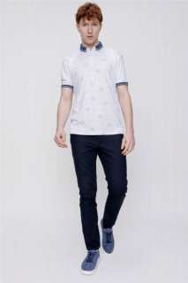 Men's White Mercerized Collar Striped Buttoned Collar Dynamic Fit Comfortable Cut T-Shirt 100350714