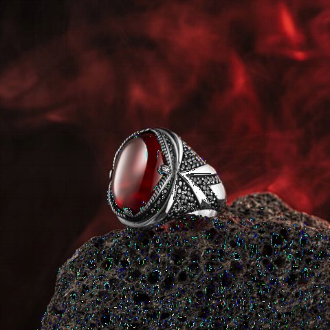 Red Agate Stone Edges Stone Detailed Sterling Silver Ring 100349131