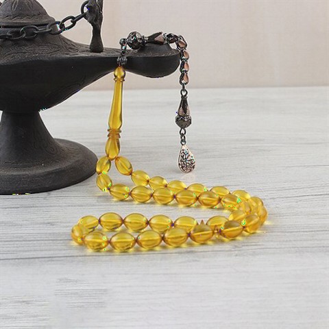 Men - Yellow Colored Silver Tassel Edging Coated Spinning Amber Rosary 100349519 - Turkey