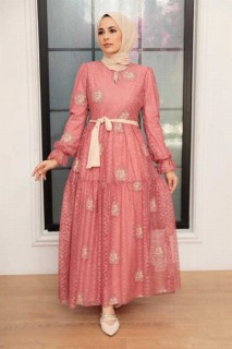 Woman Clothing - Dark Salmon Pink Hijab Dress 100341489 - Turkey