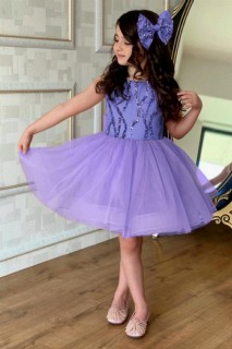 Evening Dress - Girls' Purple Evening Dress With Pulp Striped Front Bow And Buckle 100327821 - Turkey