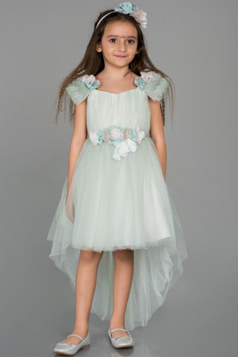 Girl Clothing - Evening Dresses Front Short Back Long Flower Belted Silvery Child Evening Dress 100297690 - Turkey
