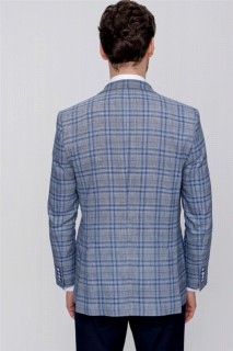 Men's Blue Linen Woven Plaid Checkered Dynamic Fit Casual Fit 6 Drop Jacket 100350887