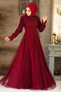 Evening & Party Dresses - Claret Red Hijab Evening Dress 100333987 - Turkey