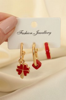 jewelry - Red Enamel Clover Model Earring Set 100319865 - Turkey