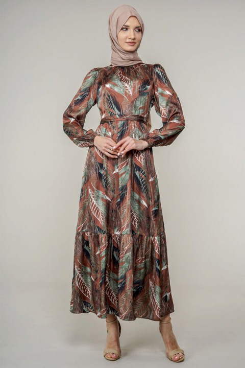 Woman Clothing - Women's Leaf Patterned Satin Dress 100326040 - Turkey