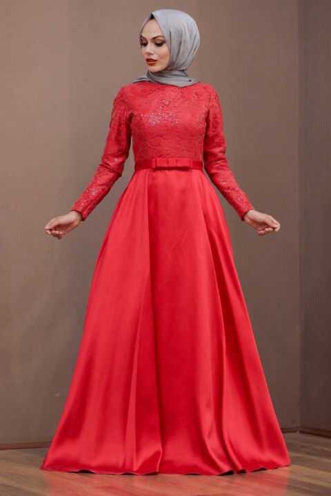 Evening & Party Dresses - Red Hijab Evening Dress 100332776 - Turkey