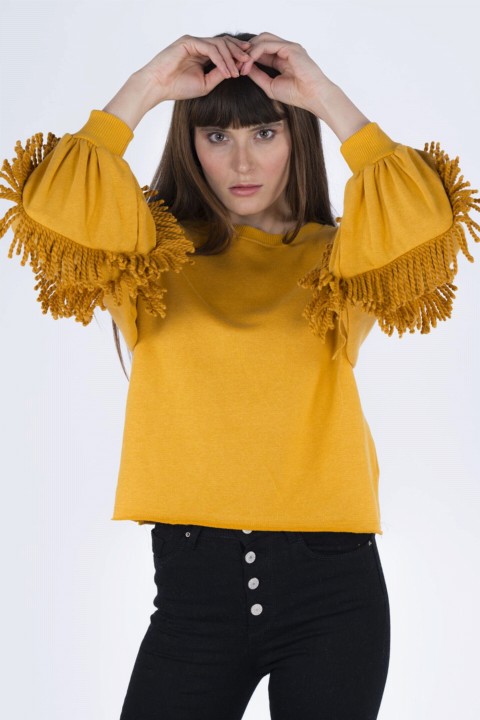 Clothes - Women's Sleeves Tasseled Sweatshirt 100326278 - Turkey
