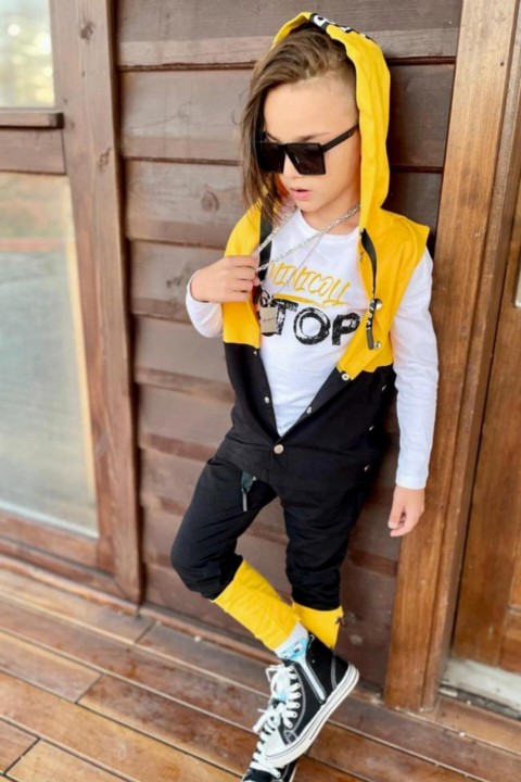 Boy Clothing - Boy Staple Detailed Vest Stop Yellow Tracksuit Suit 100327094 - Turkey