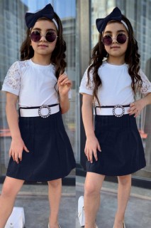Kids - Girl's Shoulder Lace Embroidered and Bandana Navy Blue Gabardine Skirt Suit 100328288 - Turkey