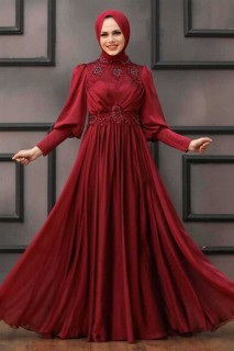 Claret Red Hijab Evening Dress 100336903