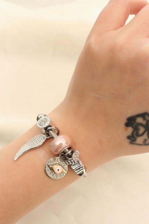 Wing and Pink Eye Figured Stone Charm Bracelet 100326557