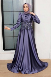 Wedding & Evening - İndigo Blue Hijab Evening Dress 100341386 - Turkey