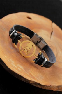 Bracelet - سوار معدني بتصميم جمجمة ذهبي اللون أسود للرجال من الجلد 100318798 - Turkey
