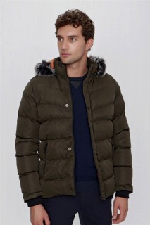 Men Clothing - Men's Khaki Alberta Dynamic Fit Comfortable Fit Zipper Long Inflatable Quilted Hooded Coat 100351464 - Turkey