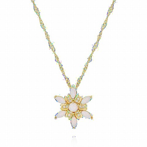Necklaces - Opal Stone Wind Flower Silver Necklace Gold 100350081 - Turkey