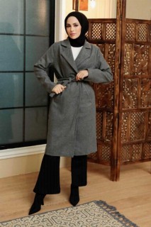 Outwear - Smoke Color Hijab Stamp Coat 100344954 - Turkey