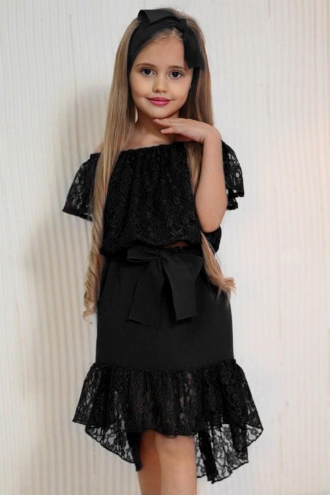 Girls' Lace Embroidered Off-the-Shoulder and Waist Tie Black Skirt Suit 100327290