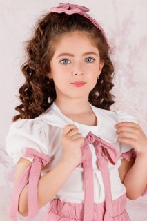 Baby Girl Collar Sleeves Bow Elastic Waist Tie Powder Powder Shorts Set 100328415
