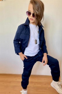 Boys Double Pockets 8 Printed Cargo Pockets Navy Blue Bottom Top Suit 100328427