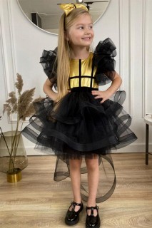 Evening Dress - Girls Velvet Striped and Tailed Fluffy Black Evening Dress 100327896 - Turkey