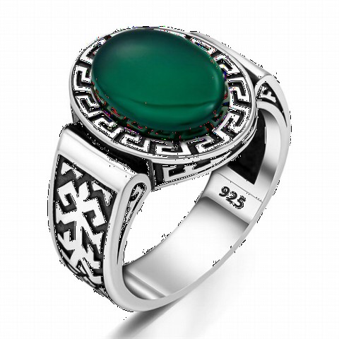 Agate Stone Rings - Labyrinth Patterned Green Agate Silver Ring 100350229 - Turkey