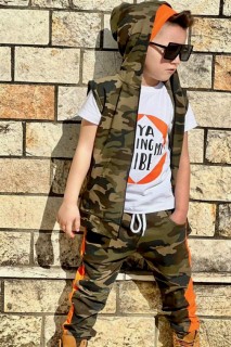 Boys Printed Zero Sleeve Vest Camouflage Detailed Beret Orange Tracksuit Suit 100328602