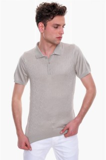 Men's Beige Geometric Pattern Pole Collar Buttoned Dynamic Fit Comfortable Cut Knitwear T-Shirt 100351249