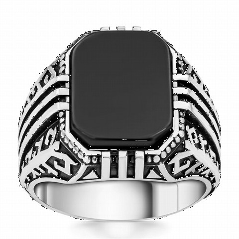 Onyx Stone Rings - Rectangle Onyx Stone Patterned Silver Ring 100350243 - Turkey