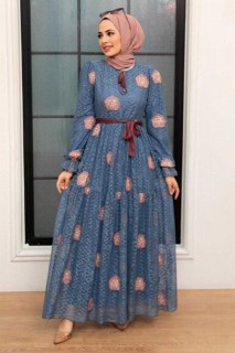 Woman Clothing - İndigo Blue Hijab Dress 100341487 - Turkey