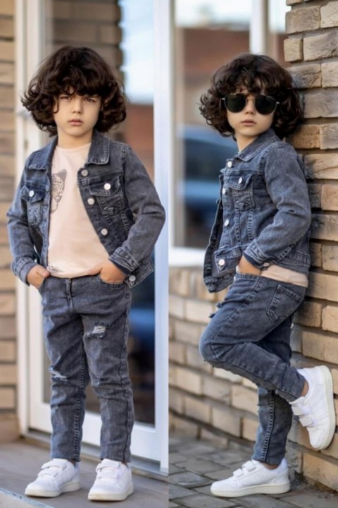 Boys Tiger Printed Buttoned Front Gray Jeans Bottom Top Suit 100328491