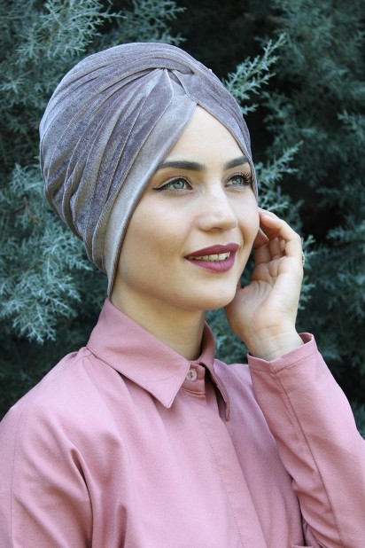 Woman Bonnet & Turban - Velvet Sequined Vera Bonnet Mink 100285064 - Turkey