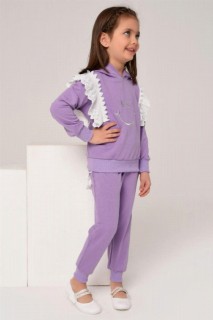 Girls' Lace Embroidered Hooded Smile Lilac Tracksuit Set 100328624
