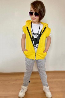 Boy Eagle Printed Zipper Detailed Hooded Vest Yellow Tracksuit Suit 100328433