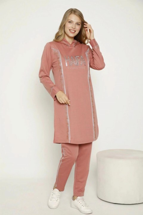 Pajamas - طقم بدلة رياضية بقلنسوة بتفاصيل من الأحجار للنساء 100342532 - Turkey