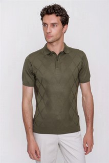 Top Wear - Men's Khaki Lozenge Pattern Dynamic Fit Comfortable Fit Polo Neck Short Sleeve Knitwear T-Shirt 100350824 - Turkey