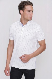 Men's White Polo Collar Printed Combed Pique Cotton Dynamic Fit Comfortable Fit Short Sleeve T-Shirt 100351458