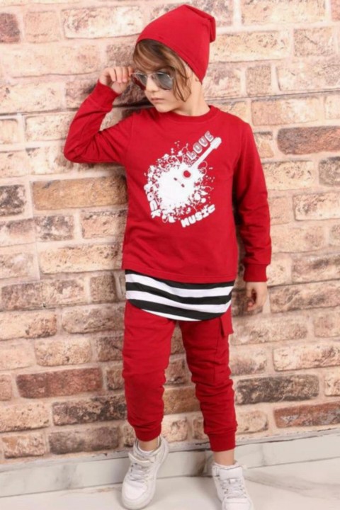 Boy Clothing - بدلة رياضية لون أحمر كلاريت مزينة بطبعات روك للأولاد 100327119 - Turkey