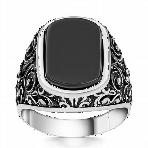 Onyx Stone Rings - Pen Embroidered Onyx Silver Ring 100350217 - Turkey