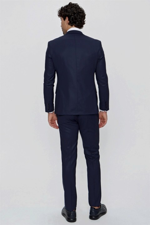 Men's Navy Blue Slim Fit Slim Fit Striped Vest 6 Drop Suit 100351004