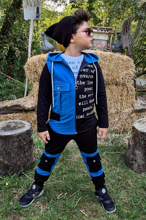 Boy Clothing - بدلة رياضية زرقاء مطبوعة للأولاد مع جيب للشحن 100326954 - Turkey