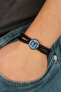 Bracelet - Black Color Double Row Natural Stone Men's Bracelet With Black KayÄ± Length Figures On Blue Colored Metal 100318435 - Turkey