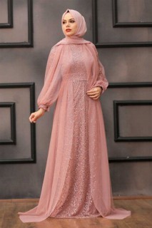 Wedding & Evening - Dusty Rose Hijab Evening Dress 100337568 - Turkey