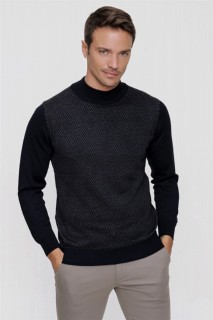 Men's Navy Blue Dynamic Fit Relaxed Cut Diamond Pattern Half Turtleneck Knitwear Sweater 100345112