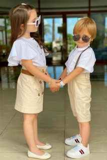 Boy's Short Sleeve Shirt and Strap Beige Capris Top and Bottom Set 100328385