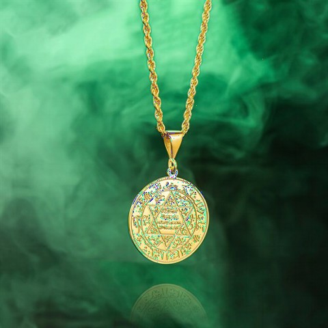 Necklace - Seal of Prophet Solomon and Surah Fatiha Embroidered Silver Necklace Gold 100347814 - Turkey
