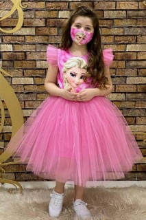 Kids - Girl Elsa Printed Sleeves Ruffled Masked Pink Dress 100327192 - Turkey