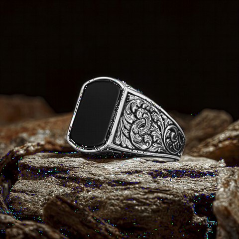 Onyx Stone Rings - Pen Embroidered Black Onyx Stone Silver Ring 100349767 - Turkey