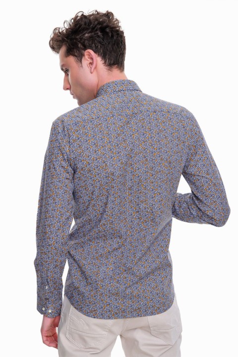 Men's Navy Blue Cotton Slim Fit Slim Fit Jacquard Patterned Italian Collar Long Sleeve Shirt 100350599
